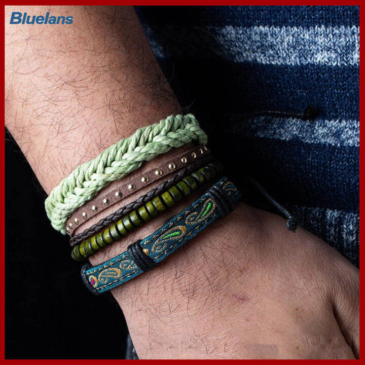 bluelans-4ชิ้น-เซ็ต-unisex-multi-layer-หนังเทียมถักเครื่องประดับสร้อยข้อมือกำไลของขวัญ