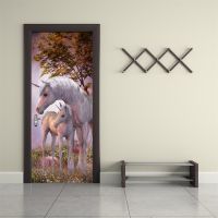 White Unicorn Animals Door Sticker For Living Room Bedroom Horse Waterproof Vinyl Decor Decal Removable Self-adhesive Wallpaper