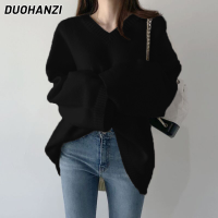 DUOHANZI เสื้อกันหนาวและคาร์ดิแกนสำหรับผู้หญิง,เสื้อสวมหัวคอวีสีขาวทรงหลวมเสื้อสเวตเตอร์ใส่ด้านในสำหรับผู้หญิงรุ่นสบายกันลมสำหรับใส่นอกบ้านเสื้อกันหนาวสีดำสำหรับผู้หญิง