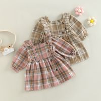 Infant Baby Girls Plaid Dress Square Neck Ruffles Long Sleeve Buttons A-line Dress Spring Autumn Casual Princess Dress 3M-3T  by Hs2023