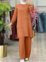 【CW】 ZANZEA Muslim Sets Piece  Sleeve Blouse Wide Leg Pants Dubai Abaya Turkey Kaftan Matching Set