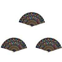 3X Colored Embroidered Flower Pattern Black Cloth Folding Hand Fan for Woman