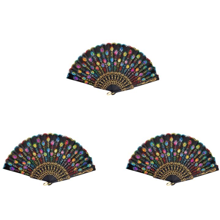 3x-colored-embroidered-flower-pattern-black-cloth-folding-hand-fan-for-woman