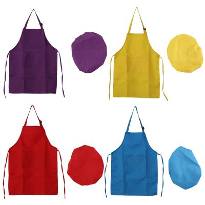 8-Piece Childrens Apron and Chef Hat Set, Adjustable, with 2-Pocket Kitchen Apron Apron