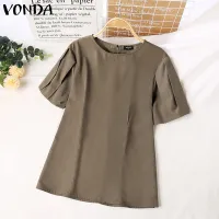 VONDA Women Short Sleeve O Neck Solid Color Baggy Blouse Shirts Summer Casual Loose Tee (Korean Causal) #1