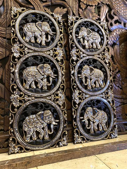 ช้างแกะสลัก-ไม้สักแกะสลัก-2-ชิ้น-ไม้สักแท้-สีโอ๊คดำ-ประดับกระจกสี-เดินเส้นทอง-ฝีมือคนไทย-90x35x3-cm-teak-wooden-carved-elephant-oak-color