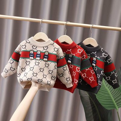 Baby Boy Knitted Clothes Children Spring Autumn Cotton Stripe Sweater Top Kids Embroidery Bear Pullover Crew Neck Knitwear