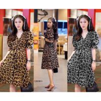 J12608 Dress เดรส กระดุมผ่าหน้า ลายเสือ ผูกเอว Button front slit dress, tiger print, waist tie