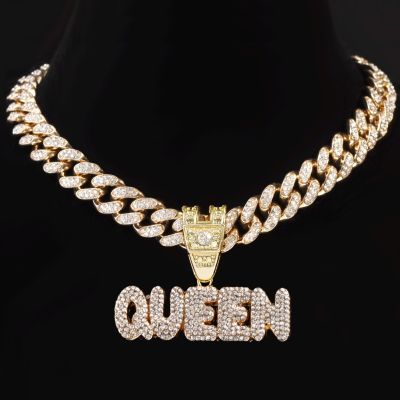 【CW】℡☈✿  Men Hip Hop QUEEN Pendant Necklace Iced Out Cuban Chain Choker Jewelry