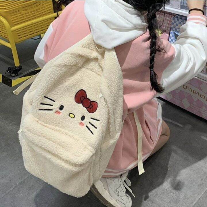 2023new-sanrio-hello-kitty-กระเป๋าสะพายหลังผ้ากำมะหยี่น่ารักใหม่กระเป๋าสะพายข้างแบบปัก-y2k-นักเรียนญี่ปุ่นกระเป๋านักเรียนเกาหลีเป้ลำลองผู้หญิง