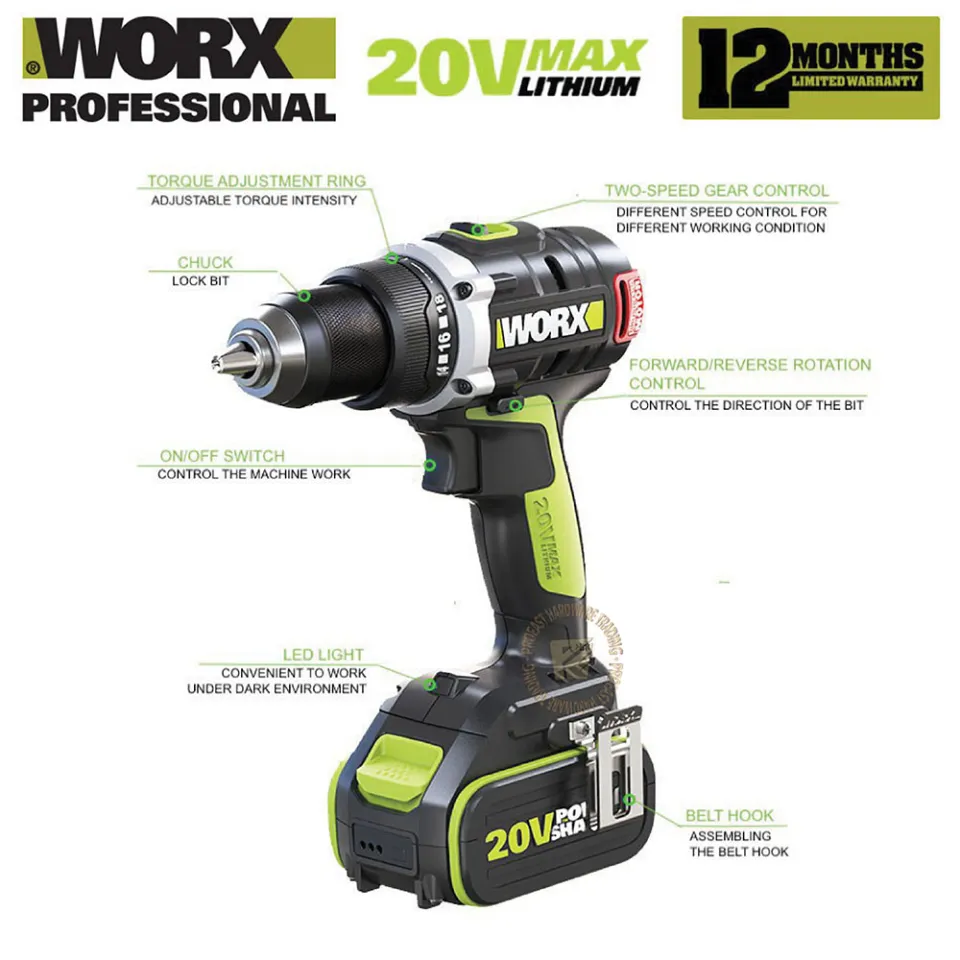 WORX WU189.3 20V 13mm Cordless Impact Drill set with 2.0 battery