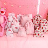 1PC Flamingo Strawberry Pattern Handmade Cotton Linen Travel Storage Package Bag Drawstring Bag Women Small Cloth Bag Pouch