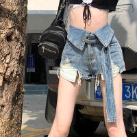 มีรูคาดเอวแบบพับได้บริเวณหัว Celana Pendek Denim มีพู่สายรัดเอวแบบถอดออกได้สำหรับฤดูร้อนของผู้หญิงสายรัดเอวสูงกางเกงขาม้า