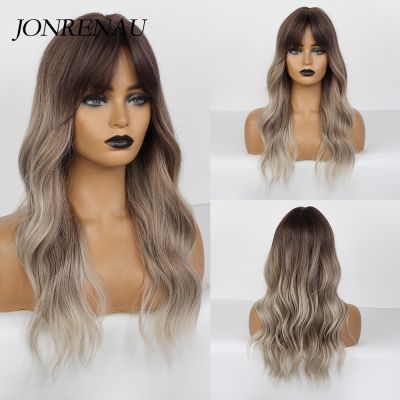 JONRENAU Synthetic Ombre Brown Mixed Blonde Wigs with Bangs Long Natural Wave Hair Party Wigs for WhiteBlack Women