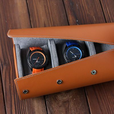 กล่องใส่นาฬิกาแบบม้วนได้1 2 3ช่องกล่องใส่นาฬิกาหนังสำหรับเดินทางสำหรับผู้ชายที่เก็บโชว์กระเป๋าใส่นาฬิกาของขวัญสีน้ำตาลดำ