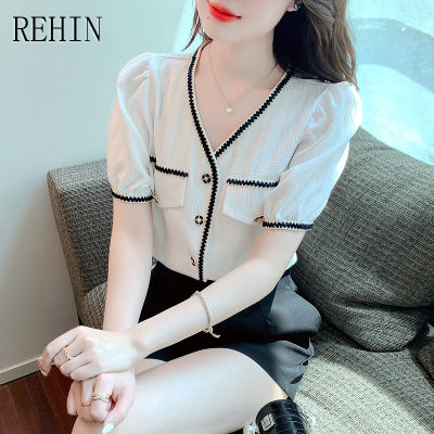 REHIN เสื้อคอวีแขนพองสำหรับผู้หญิง,เสื้อคอวีแขนสั้นผ้าชีฟองดีไซน์เฉพาะสำหรับฤดูร้อนของสไตล์เกาหลีแบบใหม่
