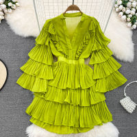 Design Sense European and American Vintage Style Collar Cake Dress Multi Layered Ruffle Flare Sleeve Slim Fit Dress Dress