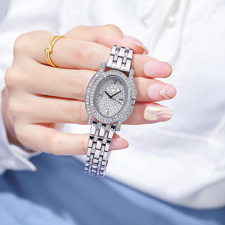 นาฬิกาแฟชั่นผู้หญิง-2022-ใหม่นาฬิกาผู้หญิงเพชรรูปไข่ควอตซ์กันน้ำนาฬิกาแฟชั่นนาฬิกา