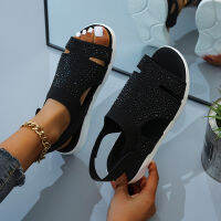 Summer Women Sandals fashion Stretch flying weave Rhinestone Casual Woman Flats velcro Ladies Beach Shoe Big size 36-43