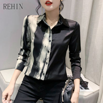 REHIN ผู้หญิงฤดูใบไม้ร่วงใหม่แฟชั่นพิมพ์เย็บเสื้อแขนยาว Lapel All-Match บาง Slim Elegant เสื้อ
