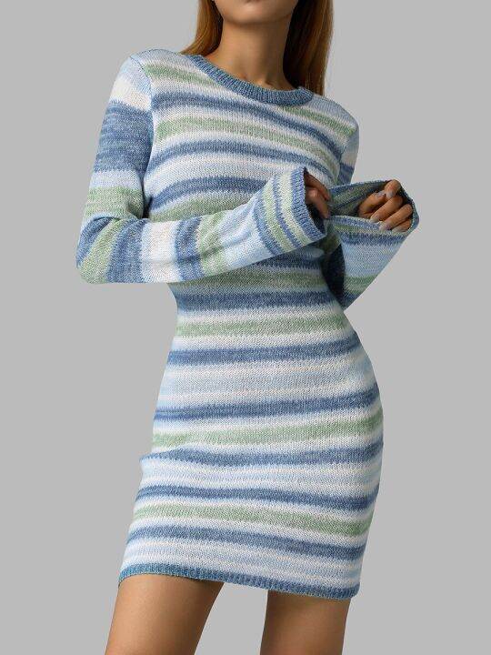 women-dress-long-sleeve-round-neck-wrapped-tight-club-prom-birthday-celebrity-party-knit-striped-midi