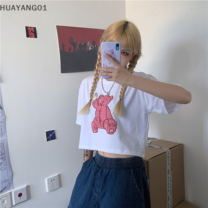 huayang01เสื้อยืดเสื้อผู้หญิงคอกลมพิมพ์ลายหมีแขนสั้น-เสื้อครอปทรงหลวมลำลอง2023แฟชั่นหน้าร้อน