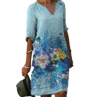 【YF】 Vintage Chic Women Dress Summer Floral Print V Neck Half Sleeve Knee-Length Loose Mom Beach Dresses
