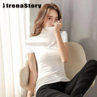 (M-5XL) IRENASTORY เสื้อกล้ามผู้หญิงขนาดใหญ่ครึ่งแขนสั้นคอสูงด้านล่าง,เสื้อยืดผู้หญิงร่างเล็ก