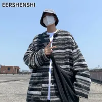 EERSHENSHI เสื้อคาร์ดิแกนกันหนาวกล่องและถุงกระดาษสำหรับใส่ของขวัญปะต่อลายทางดีไซน์ไฮเอนด์สำหรับคู่รักของผู้ชายคอกลมแจ๊กเก็ตแขนยาวเสื้อแจ็คเก็ตลำลองสำหรับเสื้อนอก