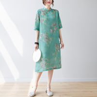 【CW】2023 New Arrival Stand Collar Button Elegant Fashion Chinese Style Summer Dress Robes Cheongsam Print Women Casual Mid Dress