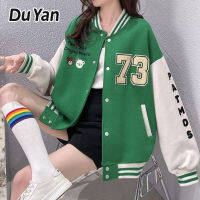 Du Yanjacket สำหรับผู้หญิงในฤดูใบไม้ร่วงและฤดูหนาวตัวอักษรพิมพ์เบสบอลเครื่องแบบหลวมเวอร์ชั่นเกาหลีขนาดใหญ่แขนยาวคอวีแจ็คเก็ตกระดุมแถวเดียว