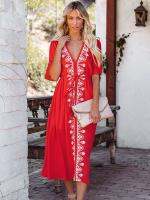 【YF】 2023 Elegant Flare Sleeve V-Neck High Waist Summer Beach Dress Plus Size Women Street Wear Red Embroidered Midi Q1042