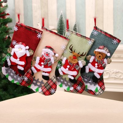 1PCS Christmas Stockings Socks with Snowman Santa Elk Bear Printing Xmas Candy Gift Bag Fireplace Xmas Tree Decoration New Year