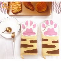 Non-slip Kitchen Gloves Cartoon Cat Paws Oven Mitts Long Cotton Baking Insulation Gloves Microwave Heat Resistant