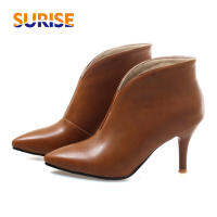 Plus ขนาดฤดูหนาวผู้หญิงรองเท้าข้อเท้า7ซม. สูง Spike Heel Pointed Toe สีดำสีเหลือง PU Casual Office Lady ฤดูใบไม้ร่วง Slip-On สั้น Boots