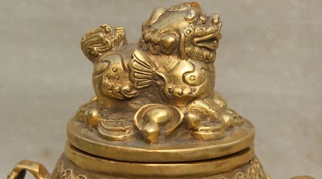 5-ทำเครื่องหมายทองเหลืองจีนสิงโตสัตว์ความมั่งคั่งสมบัติชามกระถางธูปกระถางธูป