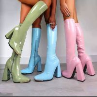 Woman Gogo Boots Square Heel Knee-High Classic Square Toe Boots PU Leather Zip Boots Uni Party Dress Dance Shoes High Heels