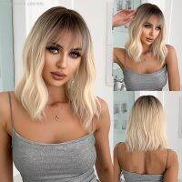 Short Blonde Bob Wave Synthetic Wigs with Bangs Natural Ombre Hair Middle Part Heat Resistant Fiber High Density Women Daily Wig [ Hot sell ] TOY CENTER