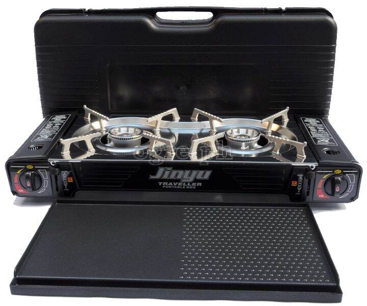 Portable 2Burner Butane Gas Stove with Griddle Plate and Hard Case