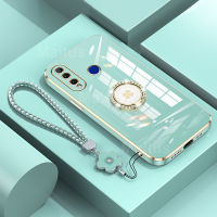 แหวนพลอยเทียมสายคล้องแบบมีเคสสำหรับ Huawei P30 / P30 Lite/ P30 Pro กรอบสี่เหลี่ยมเคสมือถือมันวาวชุบ6D หรูหรากรอบซิลิโคนนิ่มกันกระแทกฝาครอบด้านหลังเคสป้องกันสำหรับผู้หญิง