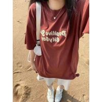 ✎ Casual sports suit female summer student wine red short-sleeved beige five-point pants two-piece set ins small man