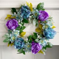 Artificial Flower Wreath For Front Door Blue Purple Flower Wreath With Leaves For Indoor Outdoor Wall Window Party Home Decor