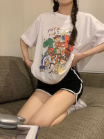 KUMIKUMI การ์ตูนการพิมพ์ เสื้อยืดแขนสั้นผู้หญิง ผ้าฝ้ายแท้หลวมท็อปส์ ใส่สบายๆ T0394