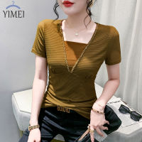 YIMEI 2023 Womens New Fashion Beaded V-Neck T-shirt Short Sleeve Westernized Top Slim Fit Lace Shirt