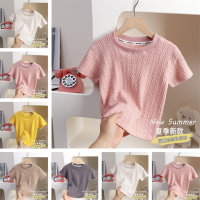 QINN Kids Baby Girls Short Sleeves Summer T-shirt Tops Round Neck Knit Tshirt Tees Soft Elastic Child Girl Shirt Knitwear For 1-8 Years