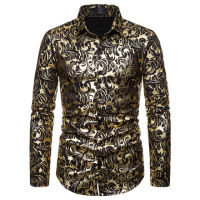 ผู้ชาย Paisley Gold Shiny พิมพ์เสื้อหรูหราออกแบบ Slim Fit ปุ่มลงเสื้อผู้ชายงานแต่งงานจัดเลี้ยง Chemise