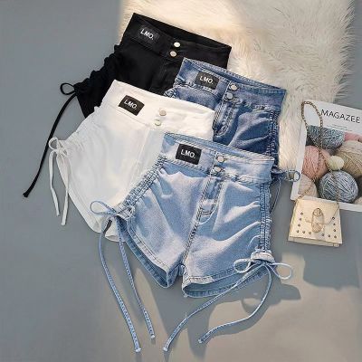 Strap and drawstring denim shorts for women, high waisted, slim to the crowd, spicy girls, elastic hot pants trend