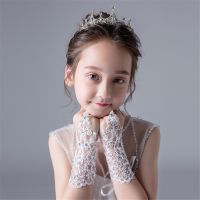 ✒ Fashion Beauty Girl Red White Fingerless Wedding Gloves Lace Beaded For Bridal Wedding Accessories Stage Performance