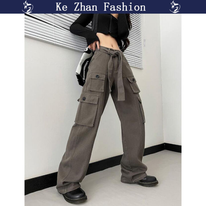 กางเกงคาร์โก้ย้อนยุคสำหรับผู้หญิง-ke-zhan-waiske-zhan-straighte-zhan-กางเกงทรงขากว้างขายาวกางเกงกีฬา