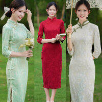 2022ต้นยาวแขนสามในสี่ Chenille ชุด Cheongsam สดวรรณกรรมสาวหนุ่มชุด Cheongsam